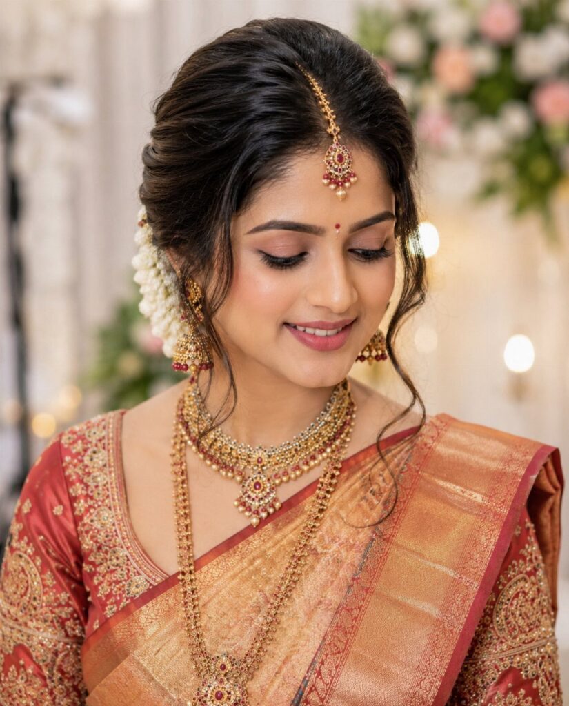 Indian bride with elegant makeup, gold jewelry, and a red silk saree.
