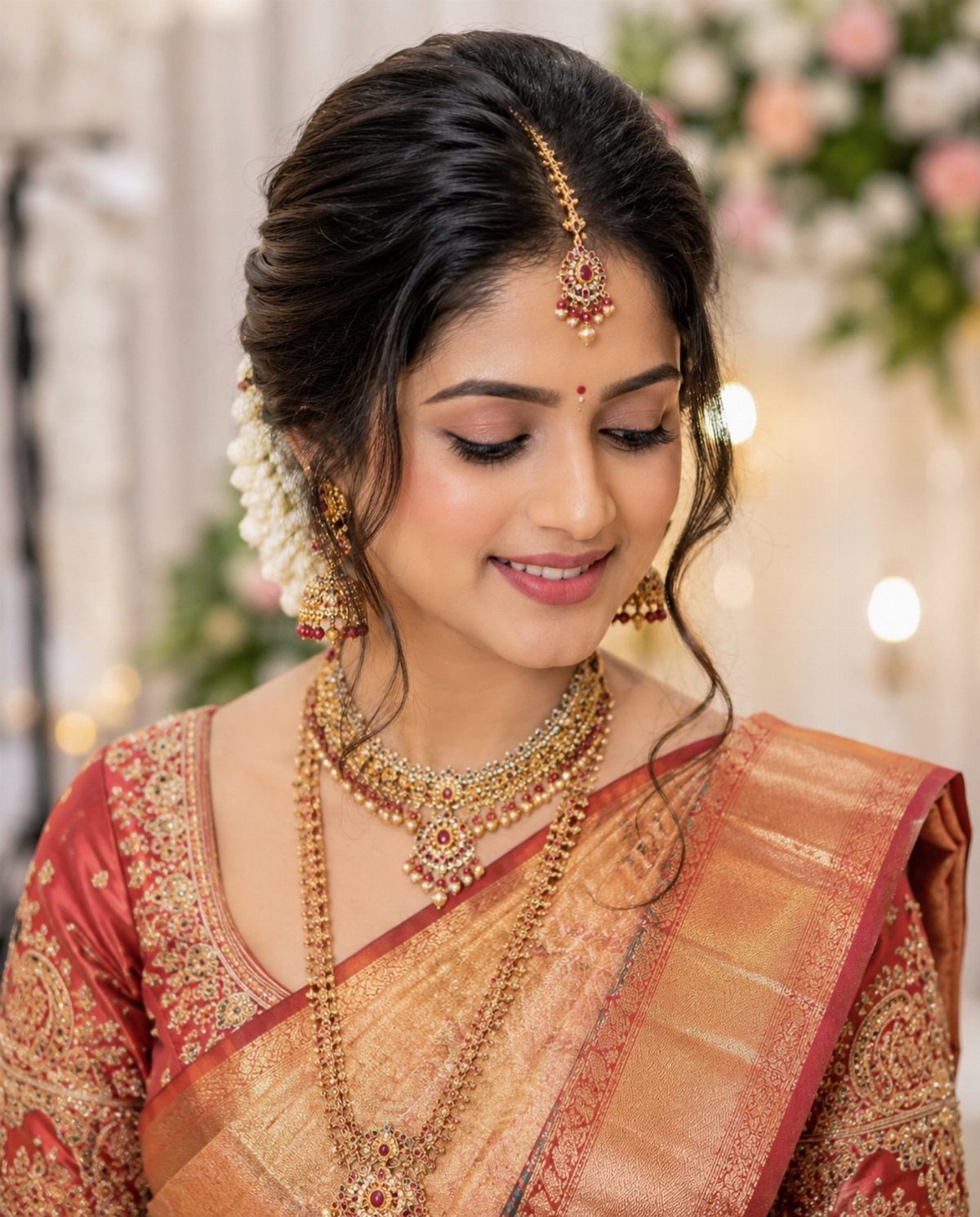 Indian bride with elegant makeup, gold jewelry, and a red silk saree.