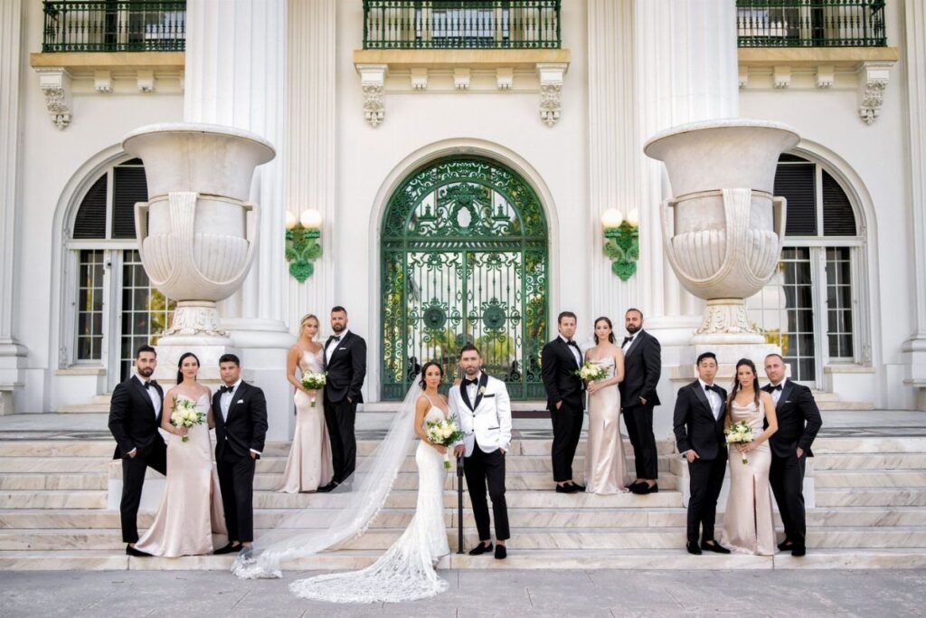 Bride and groom centered on steps surrounded by their bridesmaids and groomsmen.