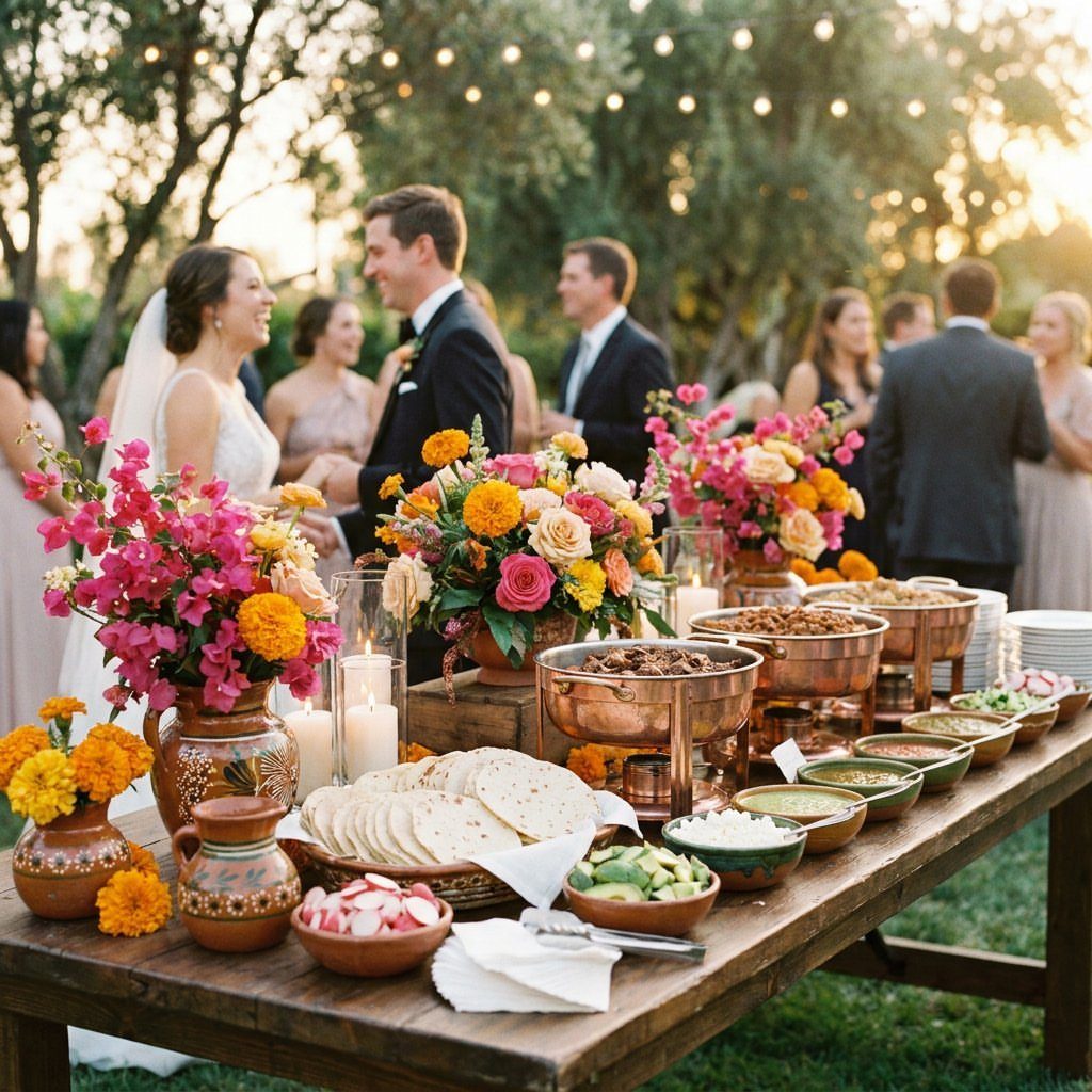 Taco bar with copper pots and tortillas on a wooden table at wedding