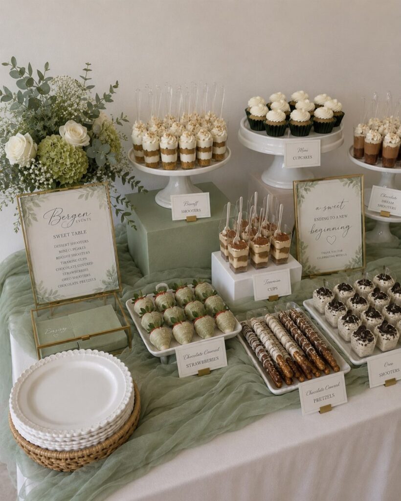 Wedding dessert bar with cupcakes, strawberries, and parfaits on a sage green runner.
