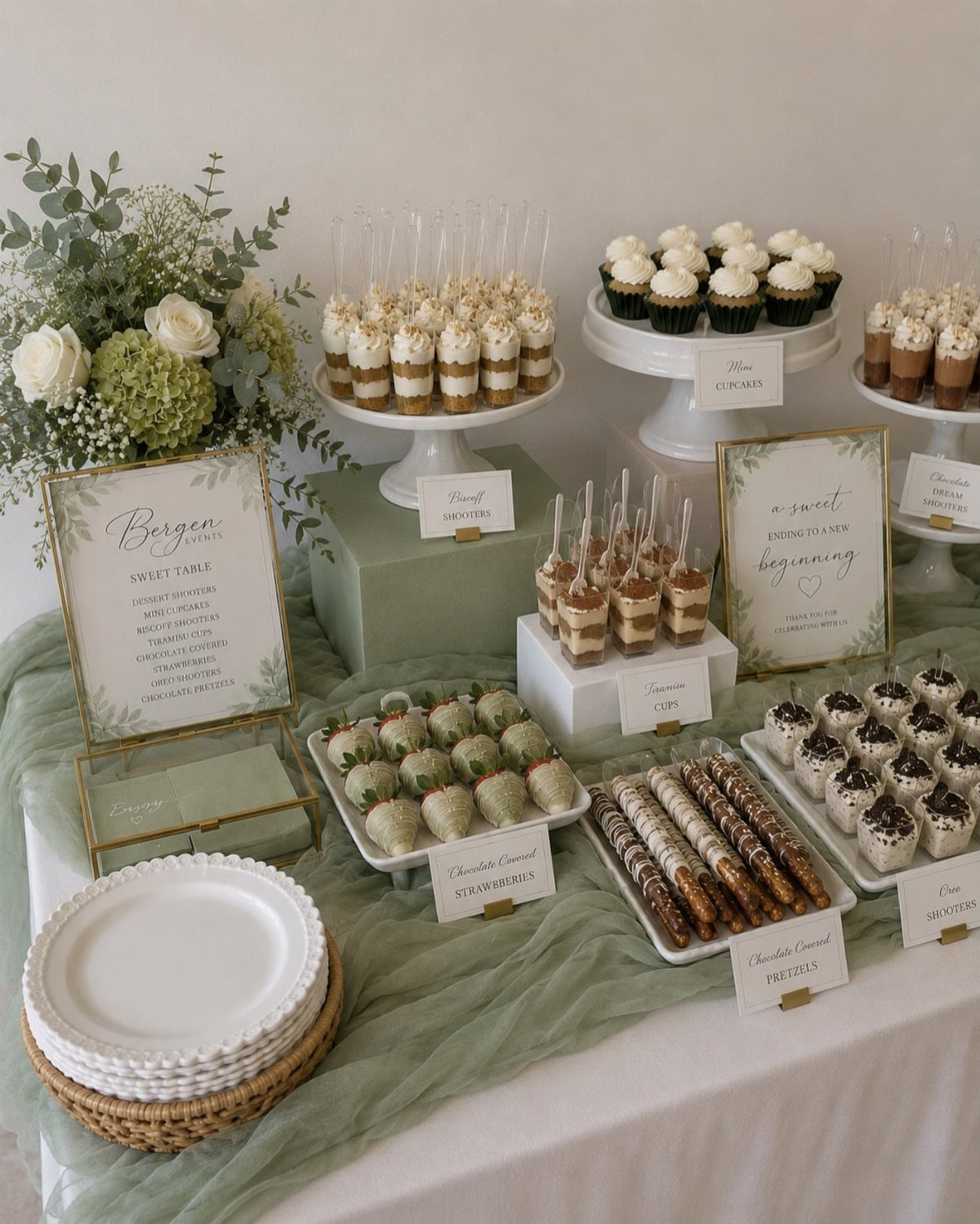 Wedding dessert bar with cupcakes, strawberries, and parfaits on a sage green runner.