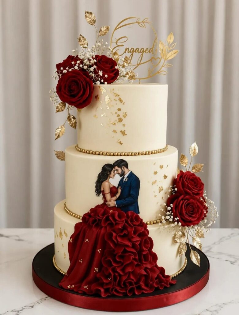 Three-tier white engagement cake with red roses, gold accents, and a couple figurine.