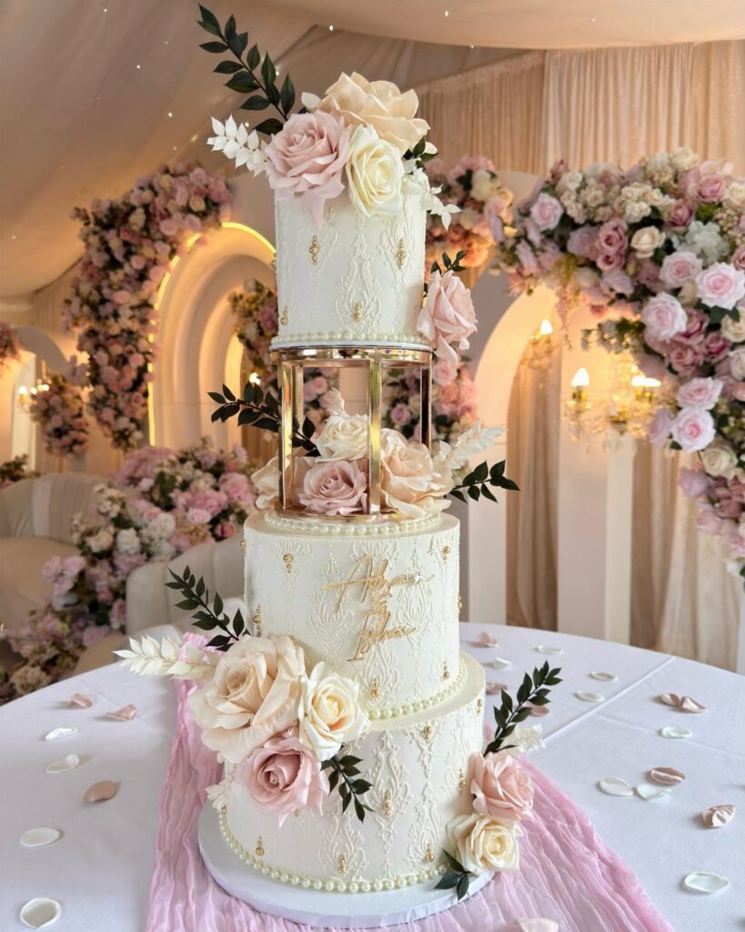 Three-tier white wedding cake adorned with pink roses and gold leaf accents.