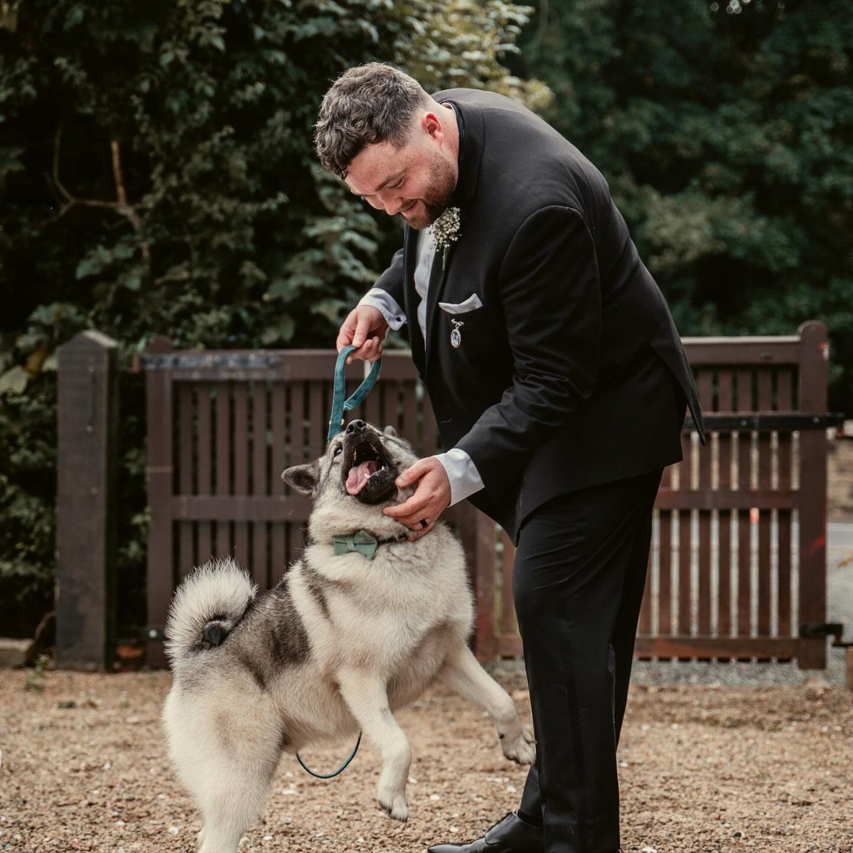 Groom in a black tuxedo playing with a dog wearing a green bowtie.