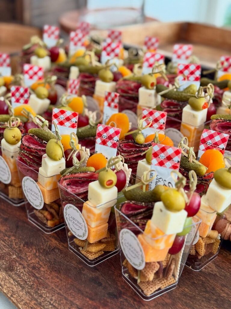 Appetizer skewers with cheese, salami, and olives in small plastic cups on crackers.
