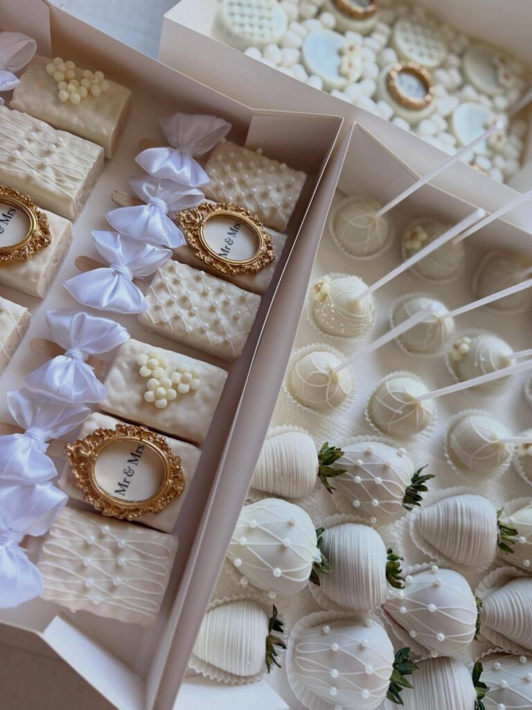 White wedding cake pops, chocolate strawberries, and cake bites in white gift boxes.