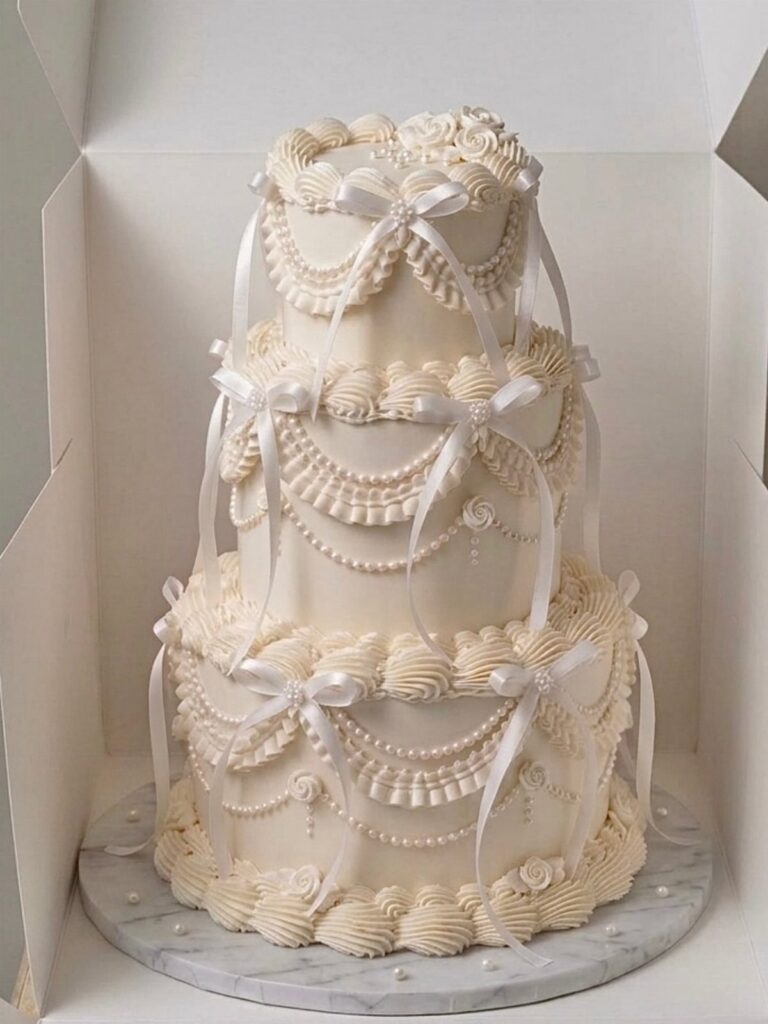 Three-tiered white wedding cake with satin ribbons and pearl frosting in a box