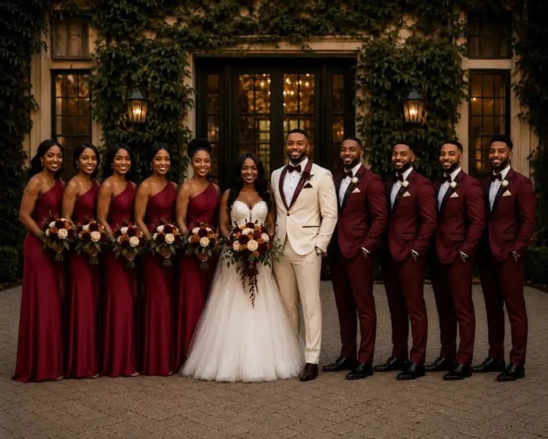 Wedding party with bride and groom surrounded by bridesmaids and groomsmen in burgundy.